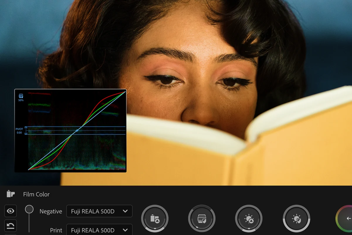 Premiere Color Mode creative grading controls with Film Color styling applied to a portrait shot