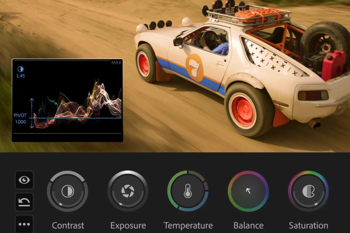 Premiere Color Mode primary correction controls: Contrast, Exposure, Temperature, Balance, and Saturation with scope