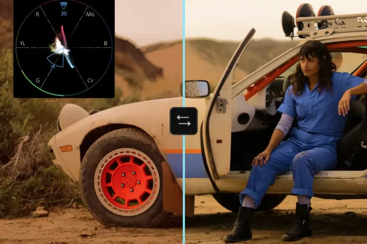 Premiere Color Mode split-view comparison and scope showing grade compatibility across a transition