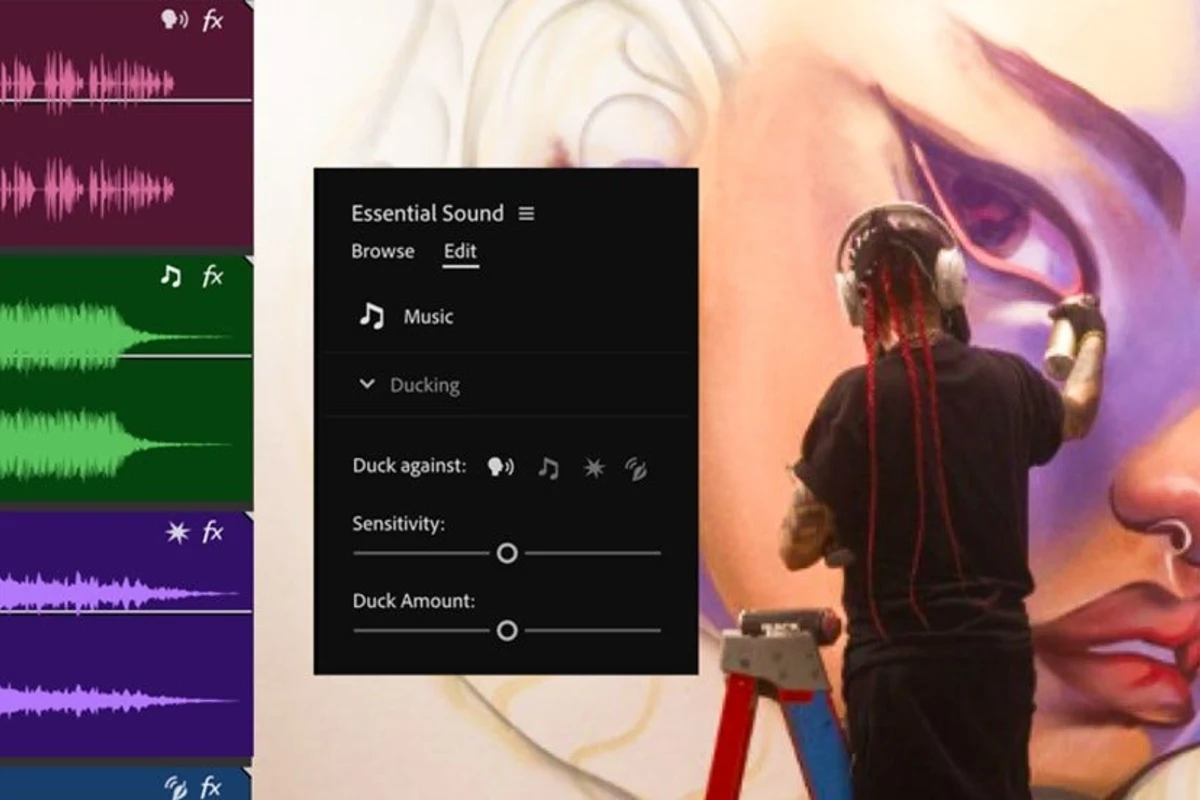 Adobe Premiere Essential Sound panel with audio tracks and mixing controls