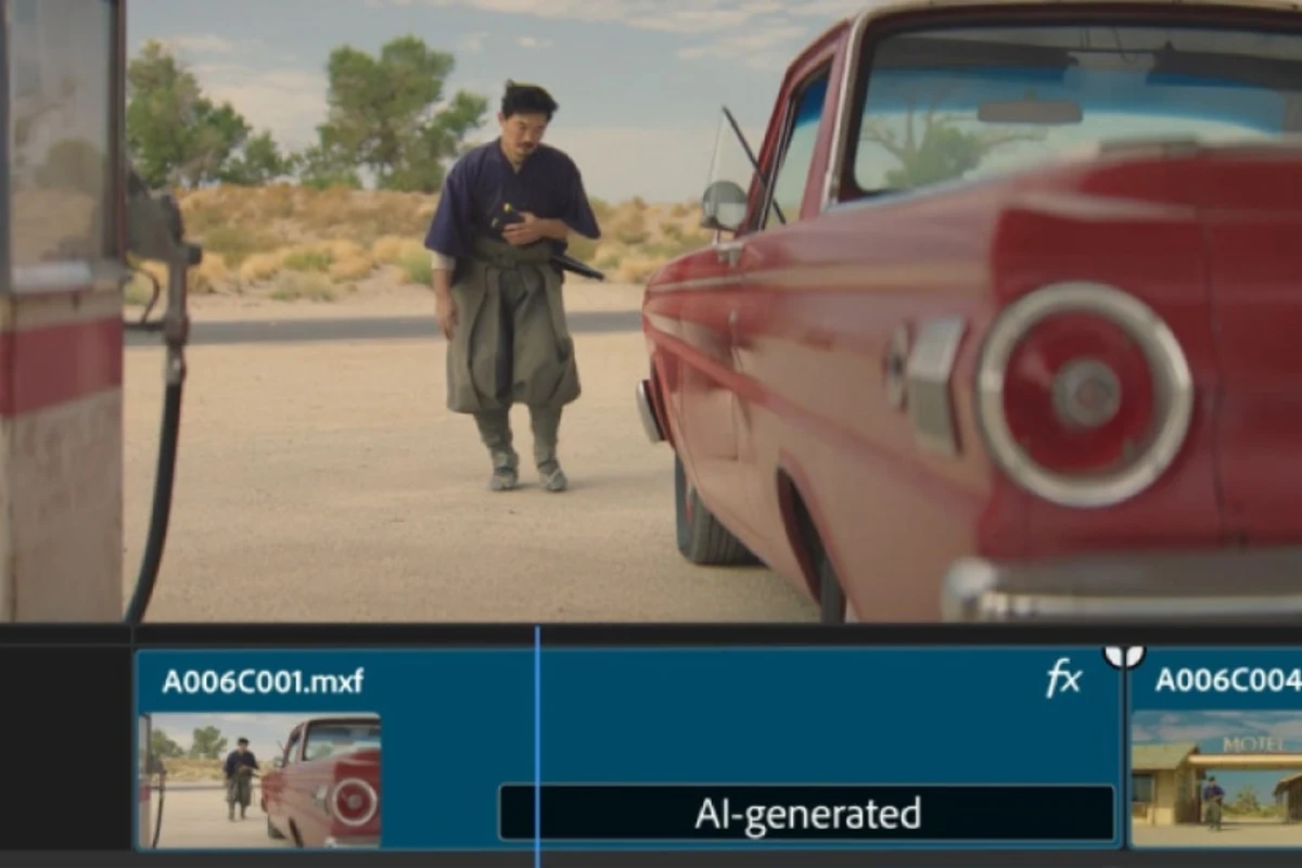 Adobe Premiere Generative Extend on the timeline, showing an AI-generated clip extension