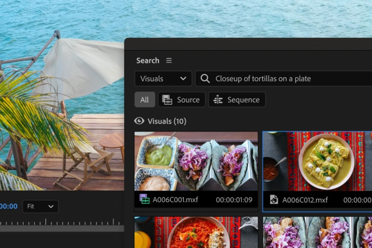 Adobe Premiere Media Intelligence search panel with visual search results across footage