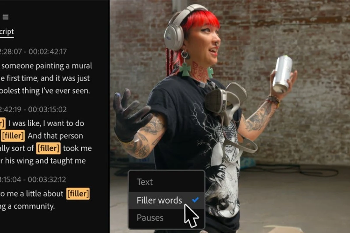 Adobe Premiere text-based editing interface showing a dialogue transcript and editing controls